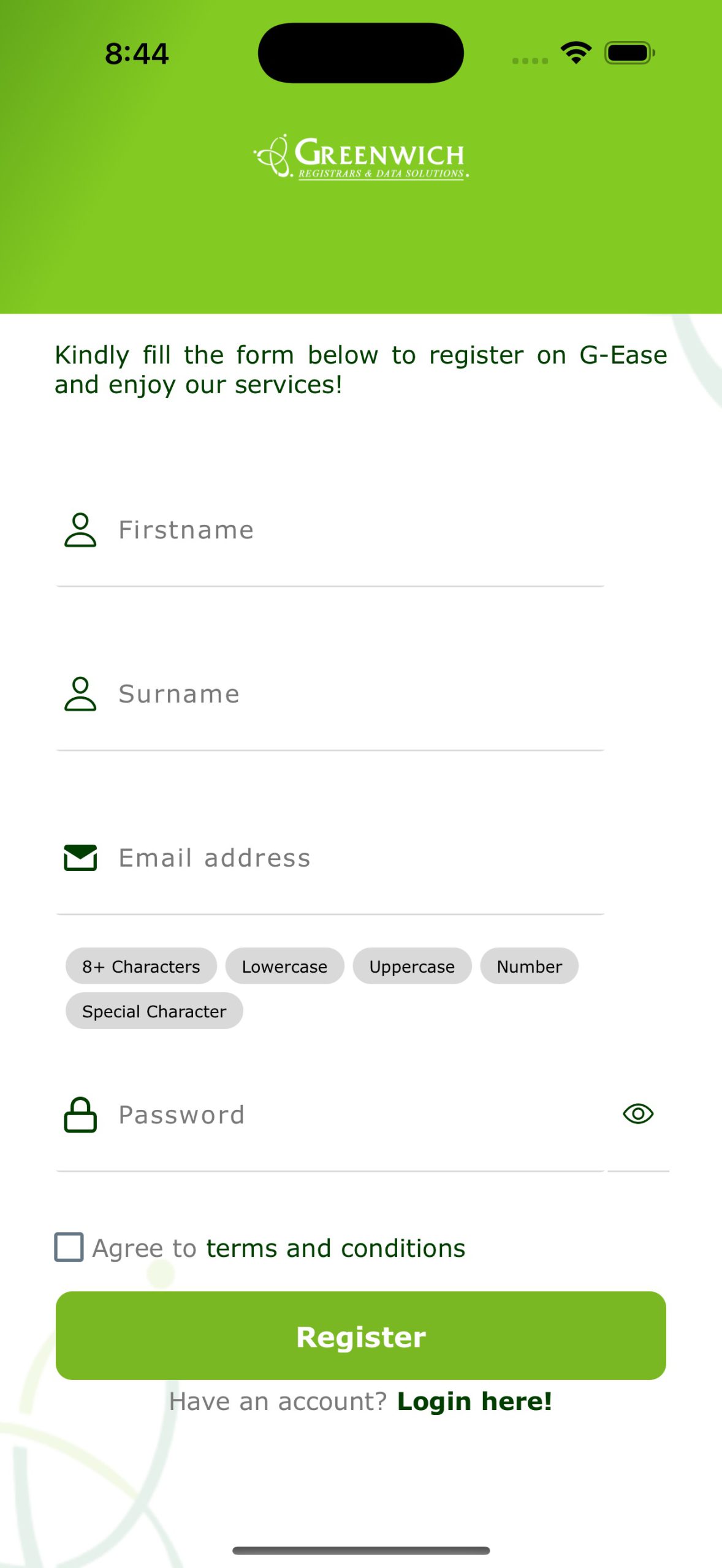 G-Ease app registration screen