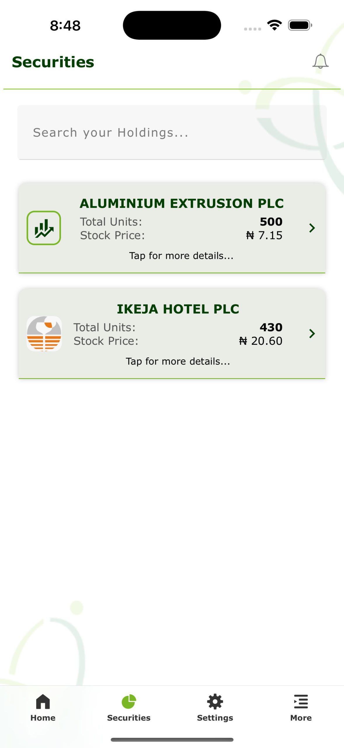 G-Ease app securities screen