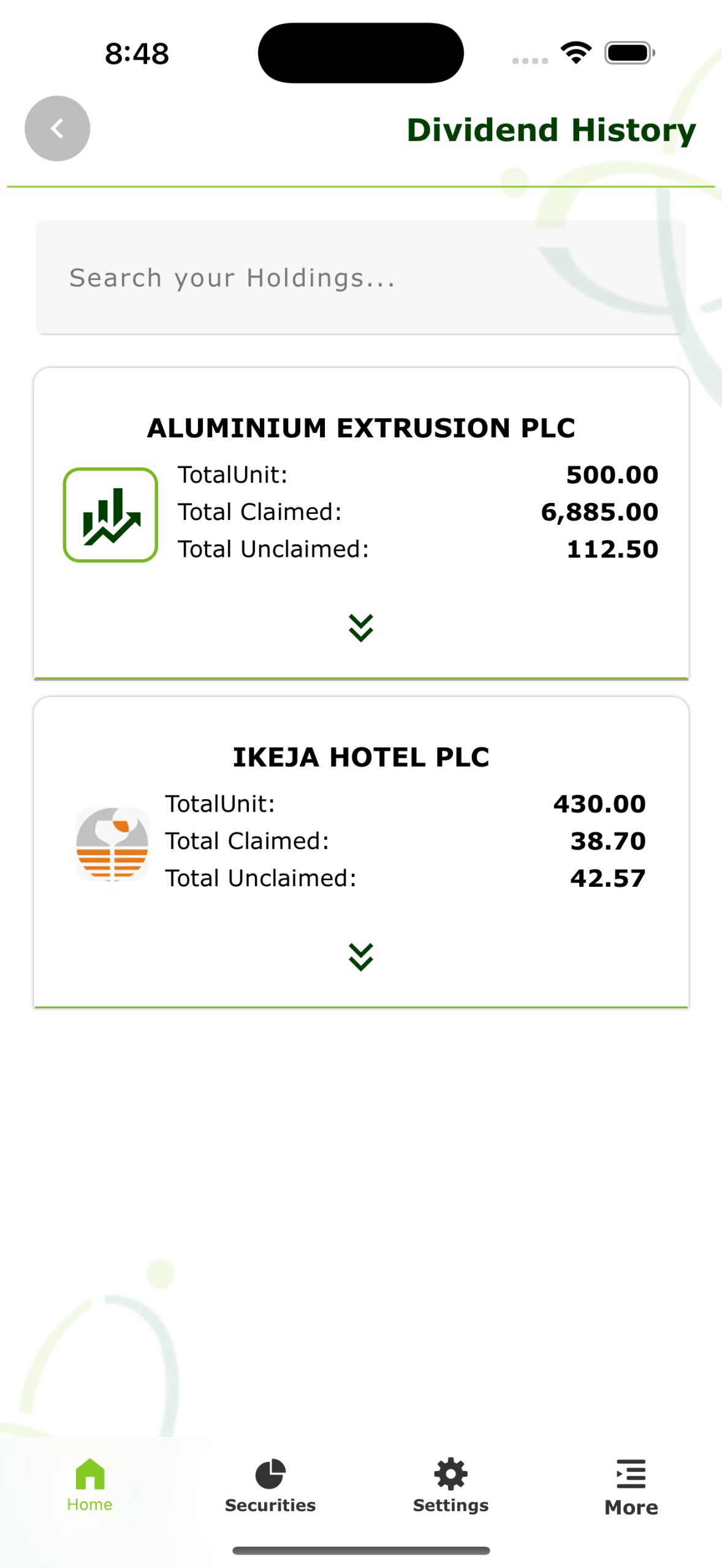 G-Ease app dividend history screen