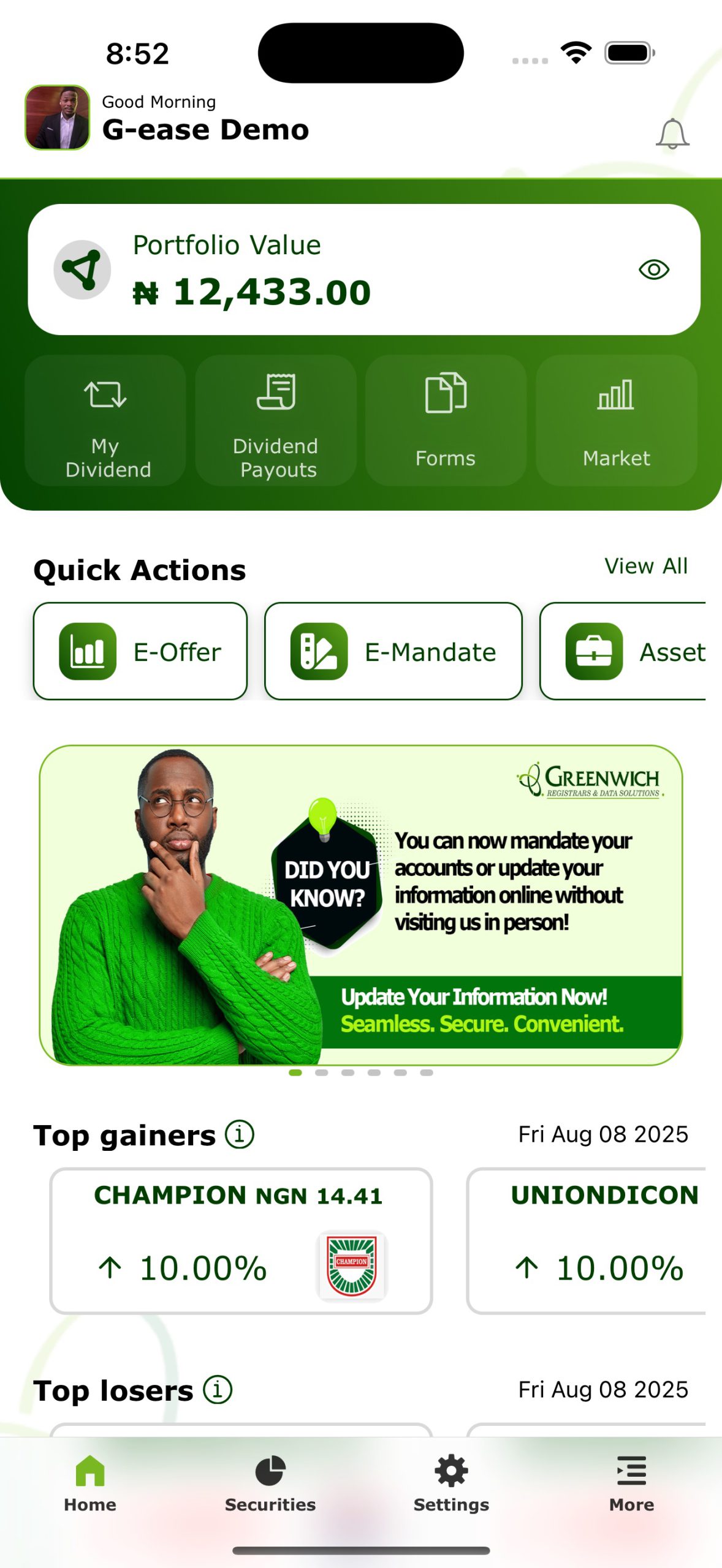 G-Ease app dashboard screen