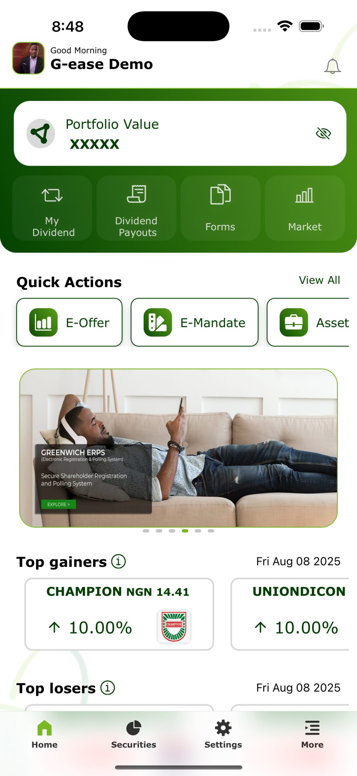 G-Ease app dashboard with balance hidden